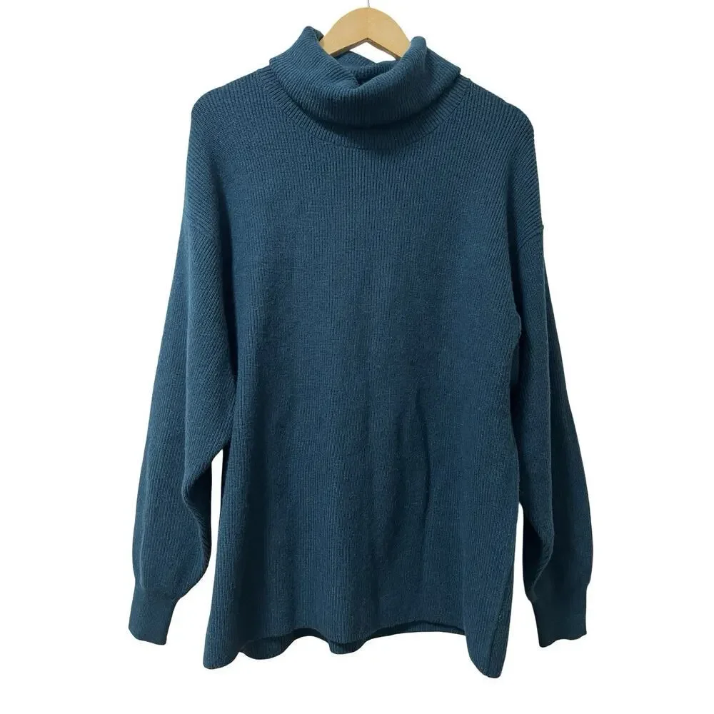 Free People Easy Street Turtleneck Tunic Sweater Size S Teal Blue Oversized Boho